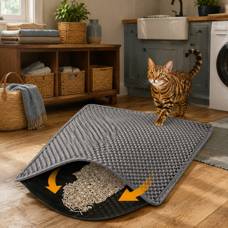 Gray 24 x 15 in double-layer litter mat made with a honeycomb EVA trapping surface; the mat is waterproof, has a urine-proof non-slip base, stays soft on paws, and cleans easily by shaking or rinsing.