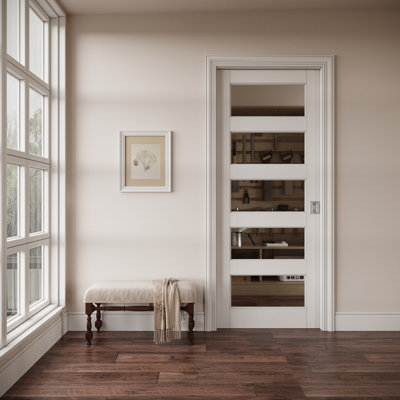 Interior 5‑Lite Clear Glass Door, CARB P2 MDF & SGCC Tempered Glass Pocket Door, with Strengthen Solid Frame & Privacy Silver Pocket Lock & Hardware Kit, Pre‑Finished & Waterproof, for Pantry, Bedroom, Bathroom & Closet, Easy DIY Stain, 30"x 80"