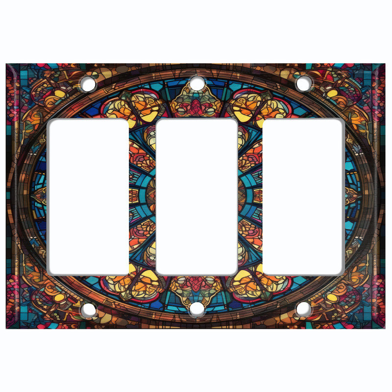 Plaque d'interrupteur en métal ; interrupteur à bascule GFI triple, format standard américain – motif mandala en vitrail imprimé