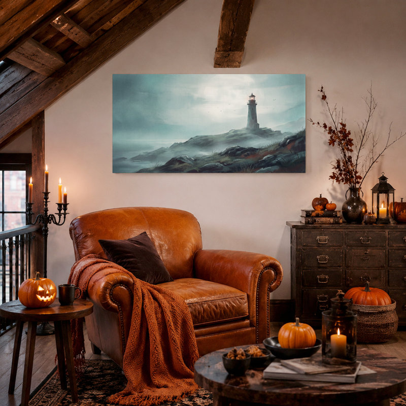 Tableau sur toile d'Halloween représentant un phare au clair de lune sur une falaise rocheuse, 58“W x 28”H