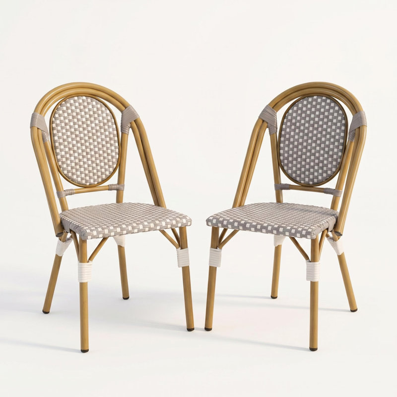 Ensemble de 2 chaises bistro d'extérieur en aluminium et rotin PE en bambou gris et blanc pour l'extérieur