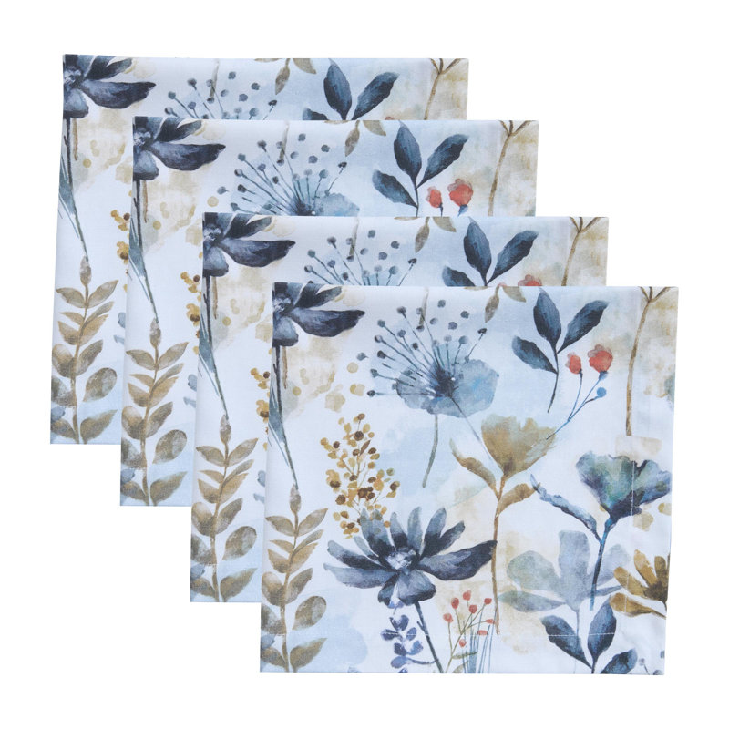 Ensemble de 4 serviettes blanches Bloomington, Bleu, Floral