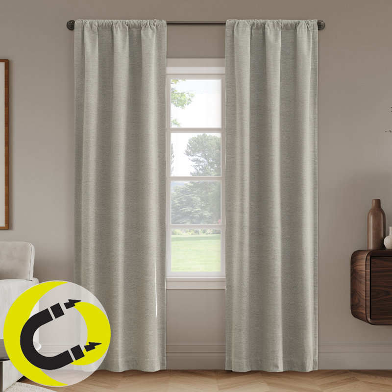 Prescott Herringbone Magnetic Closure 100% Blackout Rod Pocket Curtain Panel, Ivory, 74" W x 84" L