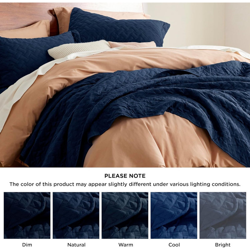 Best Seller Quilted Blanket - Textured Weave Pattern, Airy Lightweight Bed Covering, Queen Quilt + 2 Standard Shams, Navy