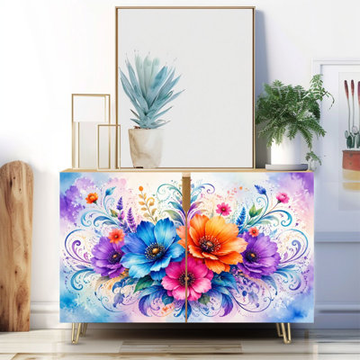 Buffet étroit de 35,4 po de largeur - armoire de rangement d'appoint à 2 portes avec bouquet floral éclatant, aquarelle colorée, tourbillons abstraits et pieds en métal