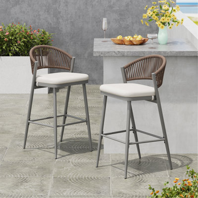 Outdoor 30.25" Seat Height Metal Frame Barstools With PE Rattan Scallop-Shaped Backrest, Set Of 2, Matte Grey