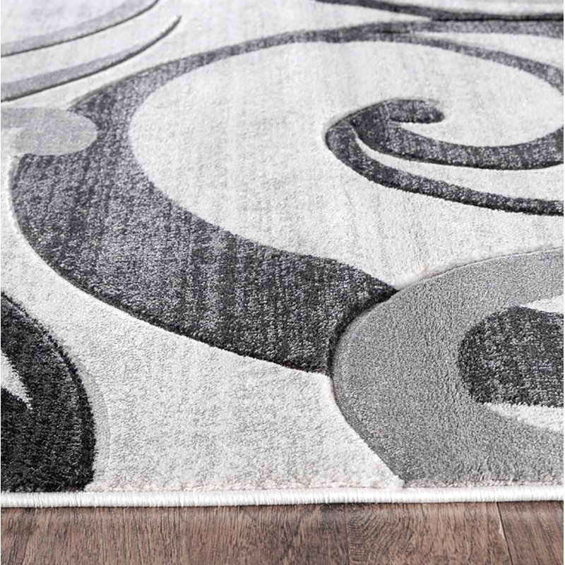 Tapis moderne à motif de tourbillons sculptés à la main gris argenté moelleux, Gris, argenté, noir