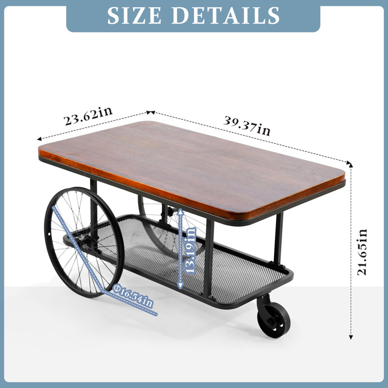 Black Factory Cart Coffee Table, Vintage Center Table With Wheels For Living Room, Rectangular, Metal Frame And Wood Top, Farmhouse, 39.37 Inches, Rustic Black/Brown