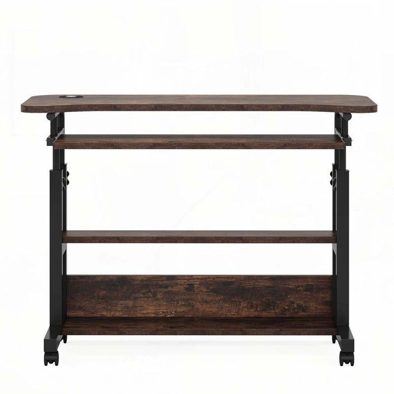32 Inches Portable Desk with Power Outlets, Height Adjustable Side Table Sofa Couch Bedside Laptop Computer Cart with USB Charging Ports, Mobile Small Standing Desk with Keyboard Tray, Rustic Brown.