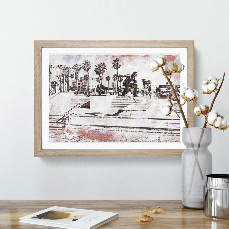 Tricks with the Skateboard in Abstract - Picture Frame Painting Print, Oak, 35cm H x 50cm W x 2cm D