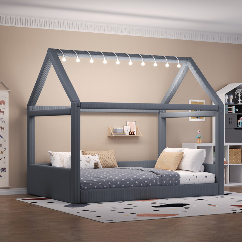 Upholstered House Daybed With Led Light Strips, Gray