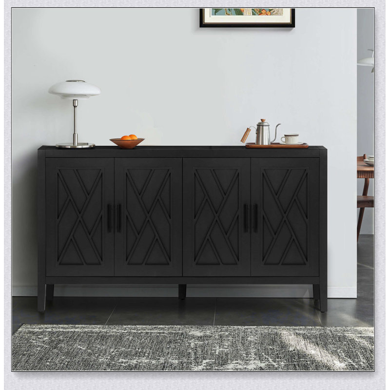 4 Door Wooden Twill Sideboard American Country Vintage Old Living Room Dining Room Hallway Entryway, Black/Dark Walnut