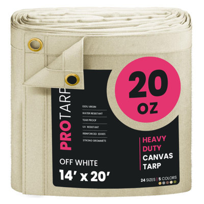 PROTARP Extreme Heavy Duty 20 OZ Water Resistant Canvas Tarp, UV Resistant Tarpaulin Cover with Rustproof Brass Grommets, Multipurpose for Canopy, Roof, Camping, Woodpile . (Off White)