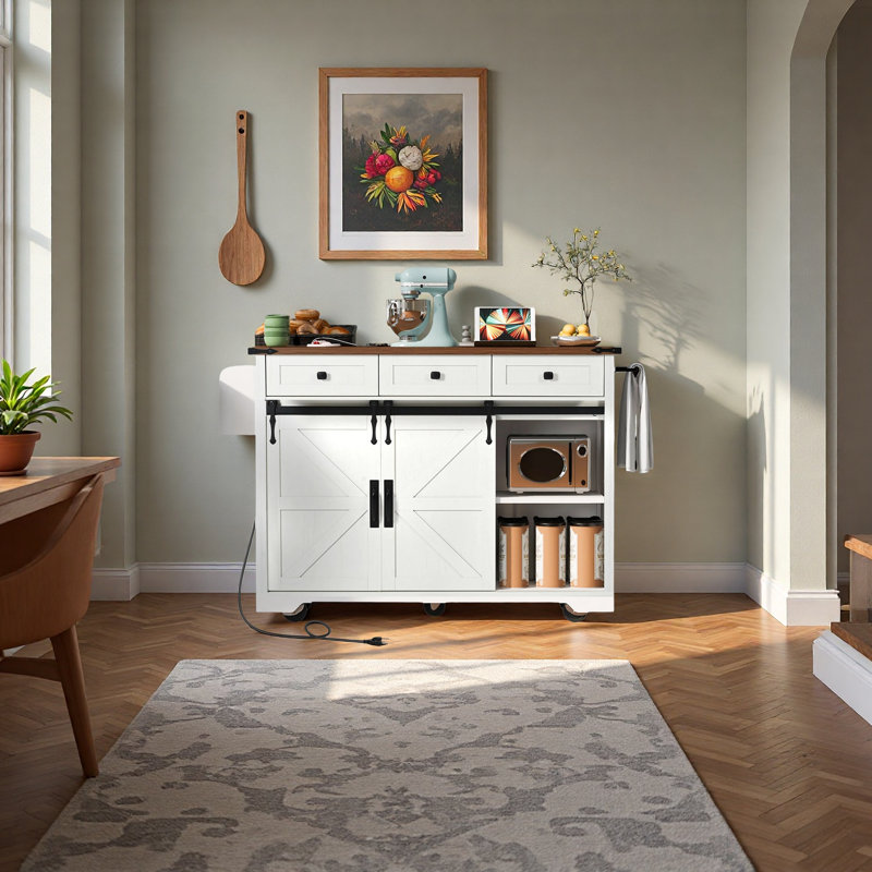 Mediun Kitchen Island With With Drop Leaf And 3 Drawers, White
