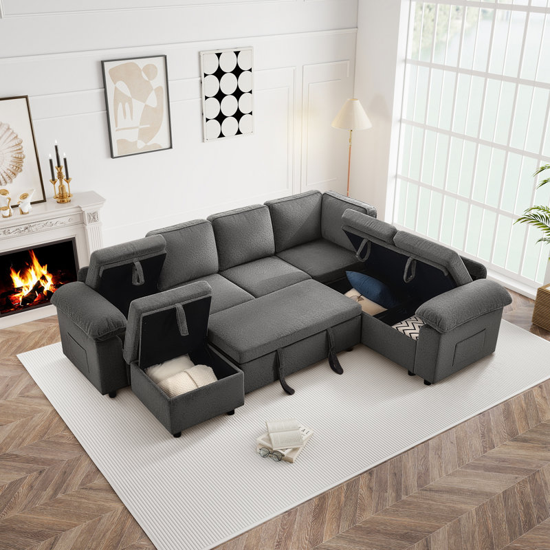 Waldorf 107.9" 7-Seat U-Shaped Sectional Sleeper Sofa with Pull-Out Bed Storage and Ottoman, Gray Polyester Blend