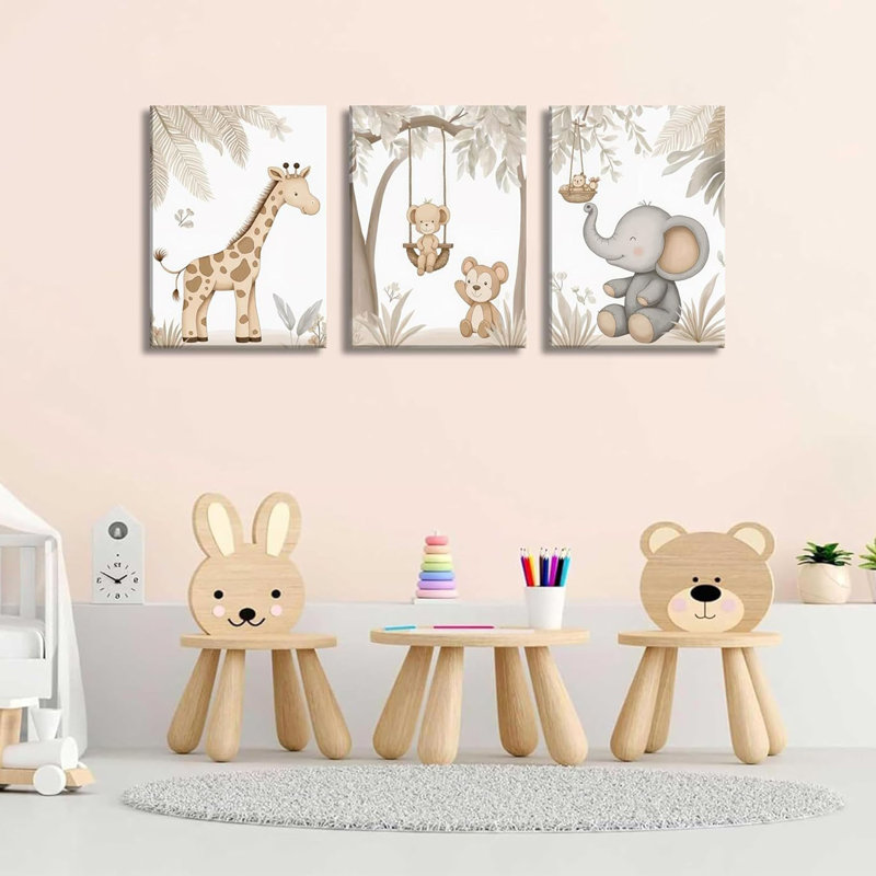 3 pièces Woodland Animal Nursery, toile, art neutre, safari, jungle, peintures, images, décoration murale, girafe, singe, éléphants, aquarelle, impression, impression, œuvre d'art, pour chambre d'enfant, décoration de la maison