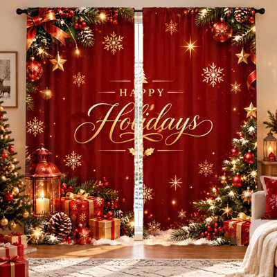 2 rideaux festifs pour les fêtes, fond rouge chaud avec arbre de Noël et éléments de boîte-cadeau, filtrage de la lumière, écran d'intimité, passe-tringle, lavable à la machine, parfait pour la décoration de la maison, la fête, le salon, la chambre à coucher, les merveilles de l'hiver