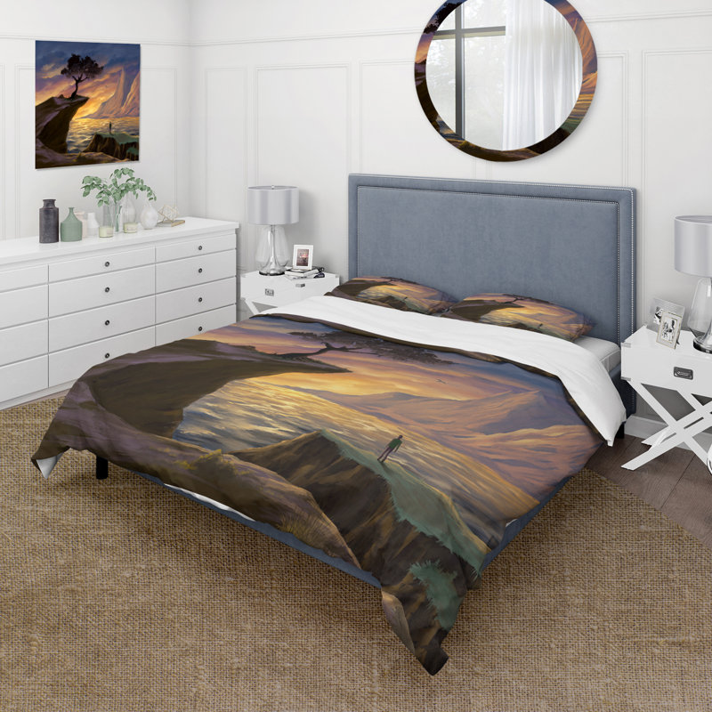Arbre sur une falaise au coucher du soleil - ensemble de housse de couette Lake House - microfibre de polyester