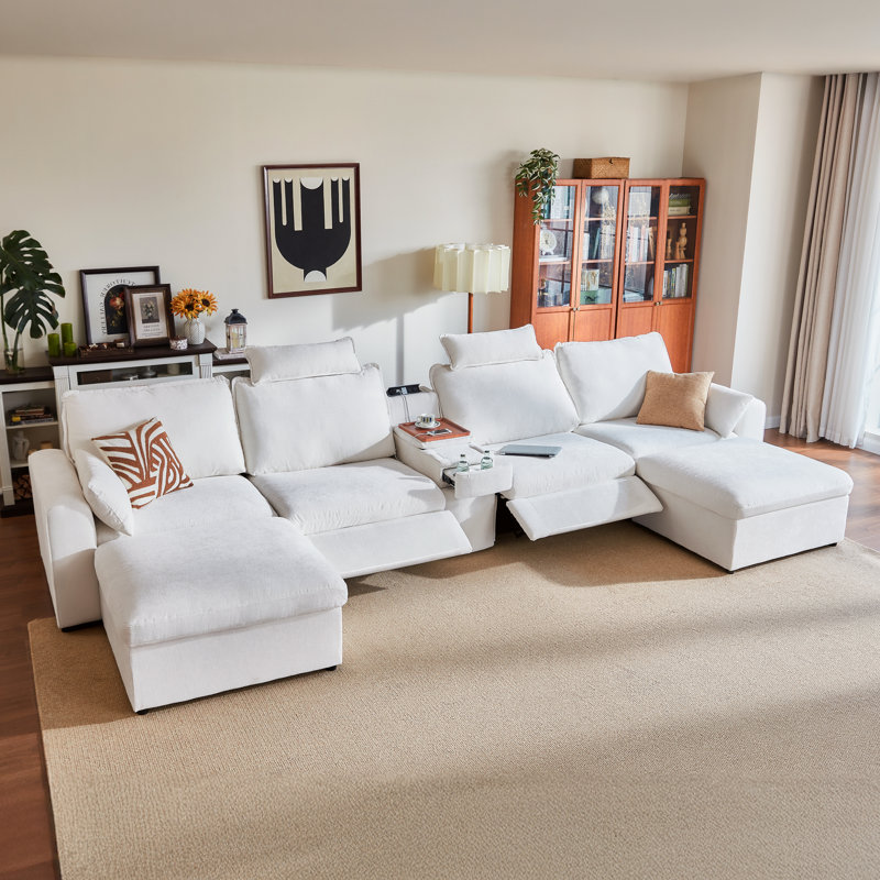 Canapé inclinable électrique modulaire surdimensionné en chenille 6 places avec repose-tête Olar, Chenille beige
