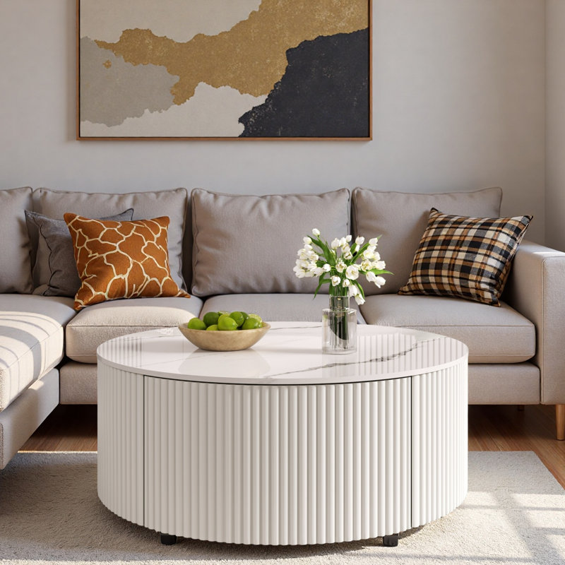 Table basse moderne et mobile avec roulettes, 2 tiroirs et plateau en marbre fritté, Blanc