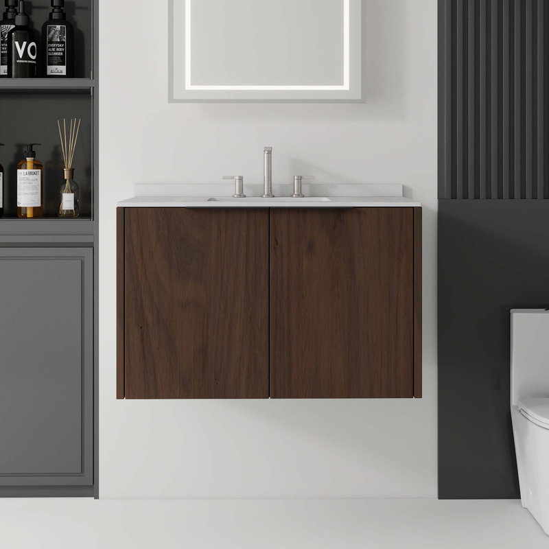 Meuble-lavabo flottant avec portes à fermeture douce et comptoir en marbre de culture, Brun