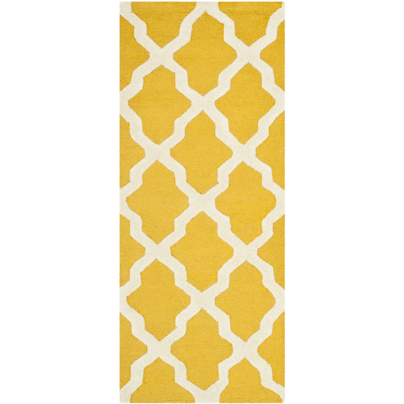 Cannen Hand Tufted Wool Geometric Rug, Runner 2'6" x 6', Gold/Ivory