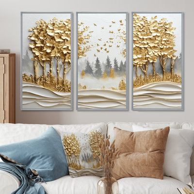 Blue Gold Pine Tree Misty Mountain Mornings IV - Tree Pine Wall Decor Set