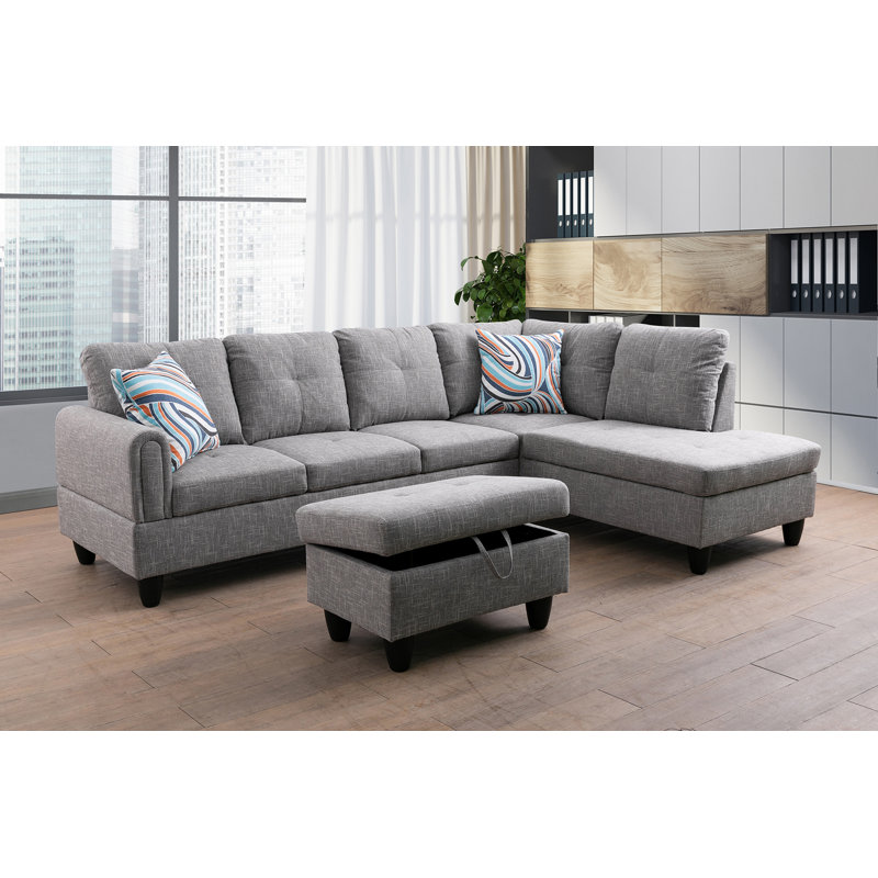 Upholstered L-Shaped Sectional, Right Hand Facing, Gray Linen Blend