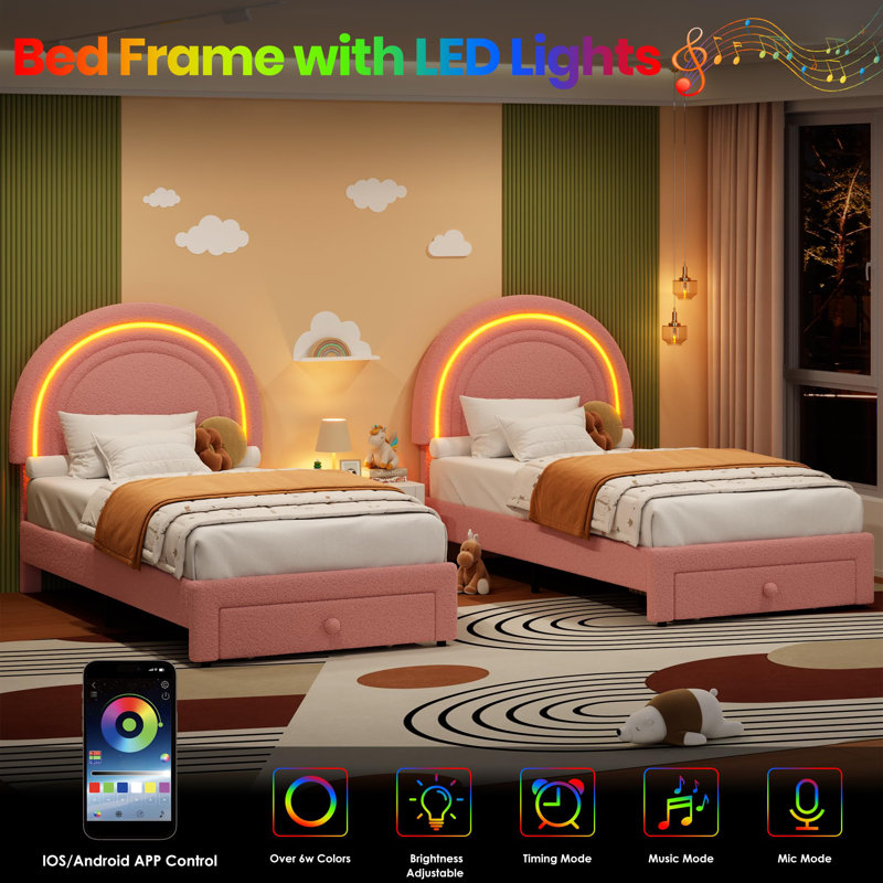 Lit plateforme avec tête de lit arc-en-ciel, sommier à lattes en bois, sans sommier tapissier, montage facile, rose, cadre de lit double capitonné et éclairage DEL intégré avec tiroir de rangement. Montage facile, sans sommier tapissier.
