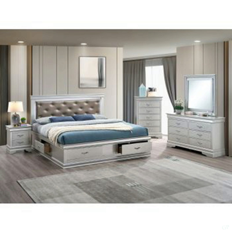 Lit plateforme tapissier avec rangement (matelas non inclus), Argent, Très grand lit