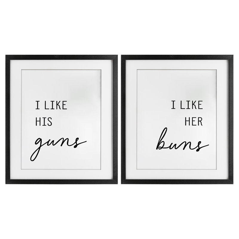 «Like His Guns & Her Buns», ensemble de 2 reproductions encadrées encadrées sous verre, H 21 po x l 17 po, Cadre noir minuit