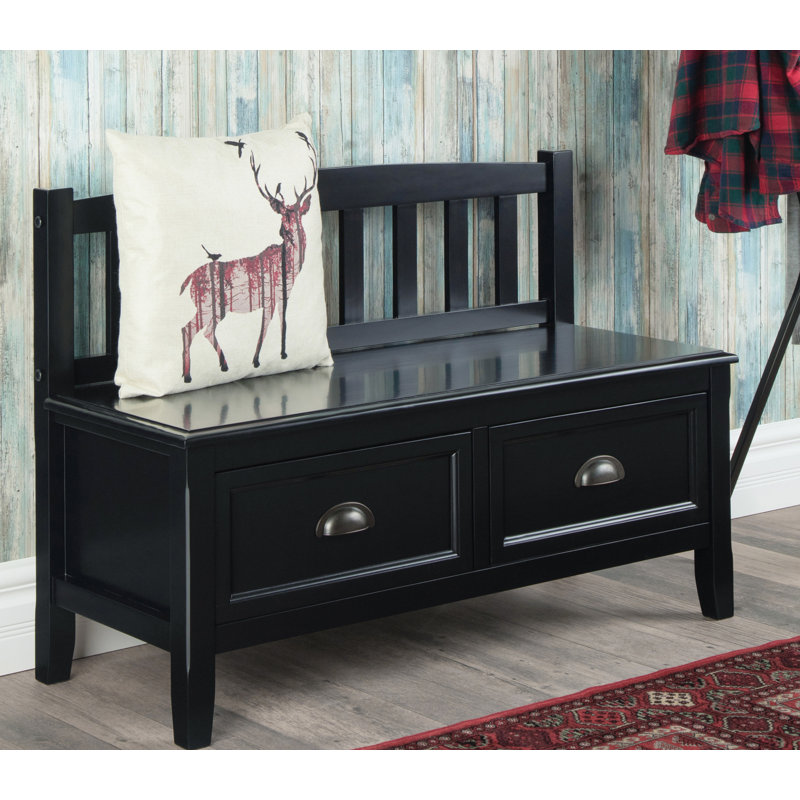 Banc de rangement en bois massif de 42 po avec tiroirs, poignées bronze et pieds fuselés Burlington, Noir