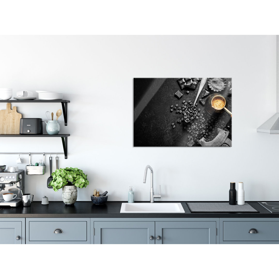 Glass picture | Mural on real glass Coffee Beans and Chocolate from Above Black & White Detail Including Suspension and Spacers y18096