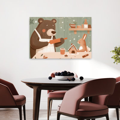 Holiday Baking Friends Abstract Contemporary Bear Rabbit Winter Forest Wall Art Print 1 Piece Wrapped Canvas Wall Art