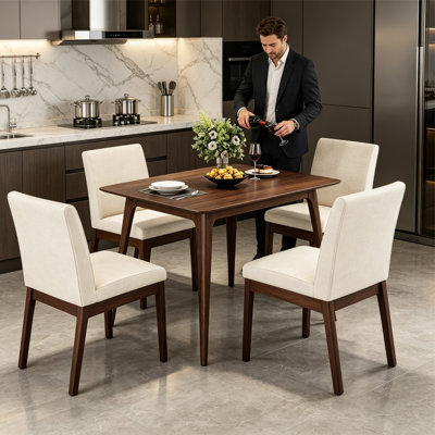 5-Piece Mid-Century Modern Dining Table Set, Solid Rubberwood Frame Table with 4 Upholstered Dining Chairs, Walnut & Light Beige for Dining Room