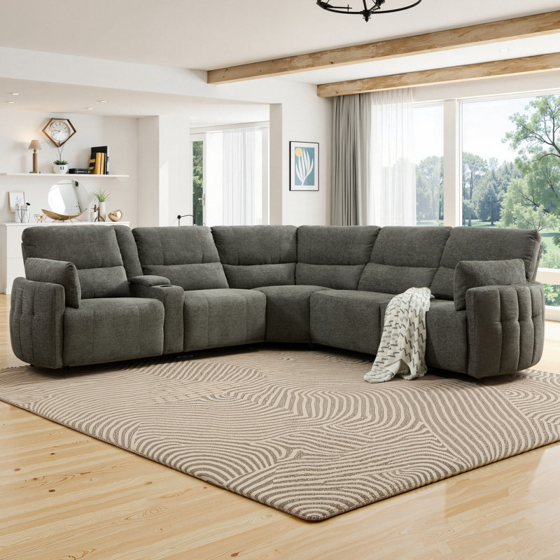 7-Piece Modern Upholstered Power Reclining Sectional Sofa with Center Console And Charging Ports, Gray