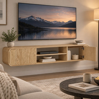 63" Wall Mounted TV Stand, Floating Media Console with Fluted Doors, Open Shelves and Cable Management