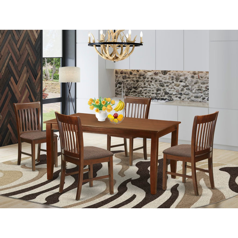 Ensemble de 5 pièces pour coin-repas pour 4 personnes comprenant une table de salle à manger rectangulaire et 4 chaises rembourrées en tissu de lin, acajou
