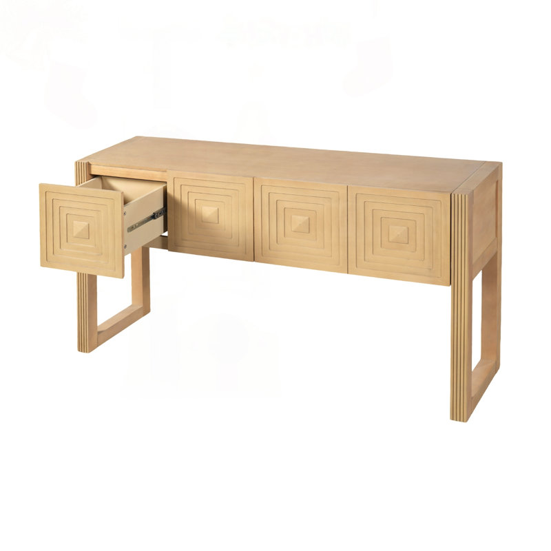 Console géométrique sculptée avec 3 tiroirs à fermeture en douceur, Marron clair