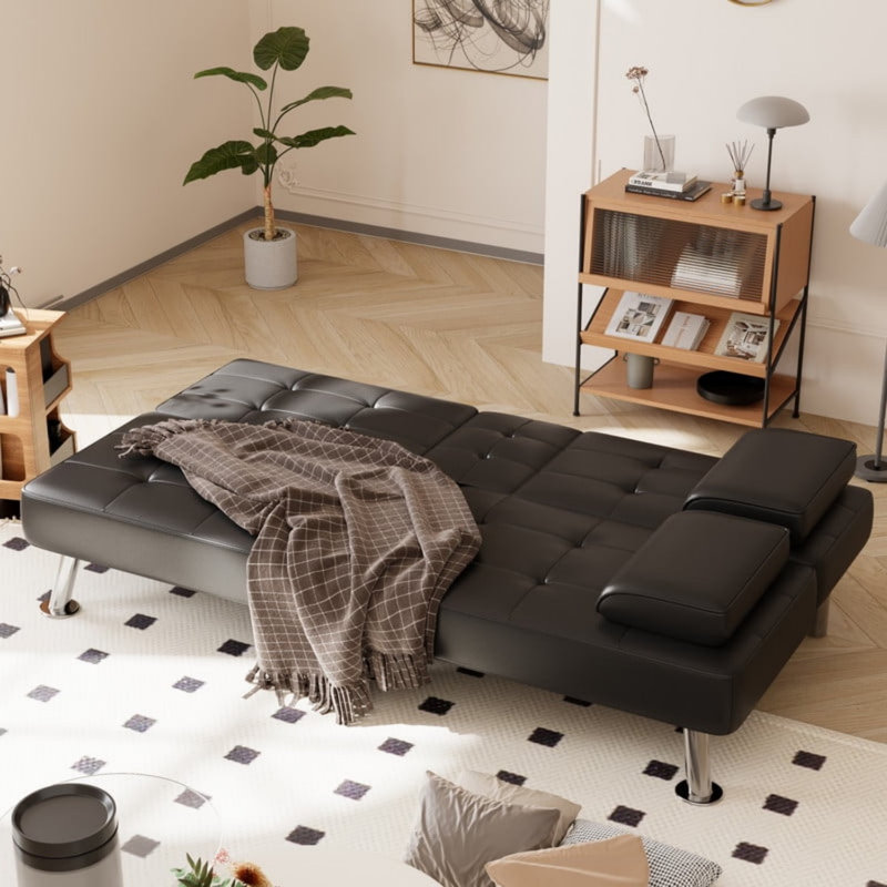Canapé-lit futon convertible pliable en similicuir avec 2 porte-gobelets, Noir, noir, noir, noir