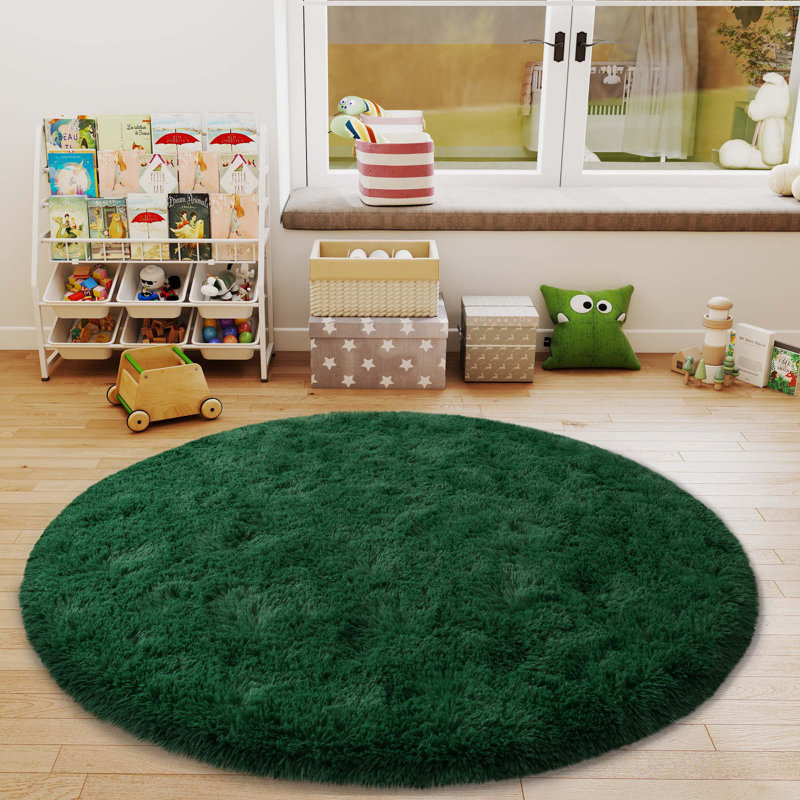 Dark Green Round Shag Rug Non-Slip Long-Pile Round Rug 6 ft Silk-Blend Rug Round Shag Rug Ideal for Teen Rooms Suitable for Bedrooms Suitable for Living Rooms Antibacterial Durable Material