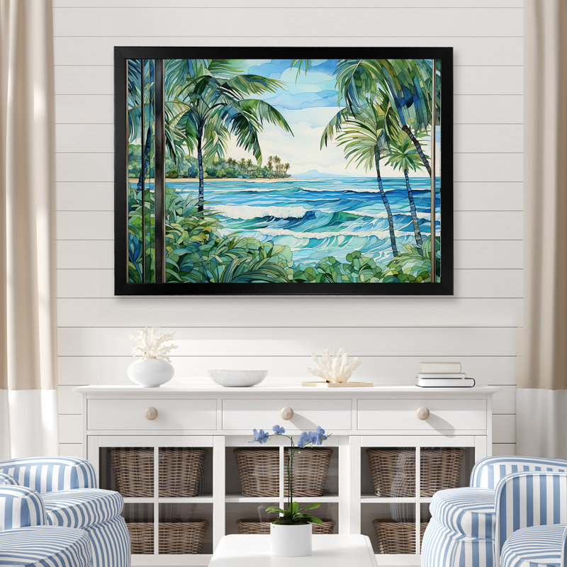 Tranquillité de plage tropicale - art mural côtier, Cadre d'angle fermé noir, H 30 po x l 40 po x P 1,5 po