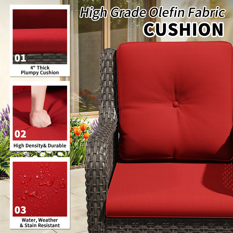 2-Person Outdoor Patio Conversation Rattan Seating Group With 1 Coffee Table,2 Swivel Chairs and Red Cushions, Red