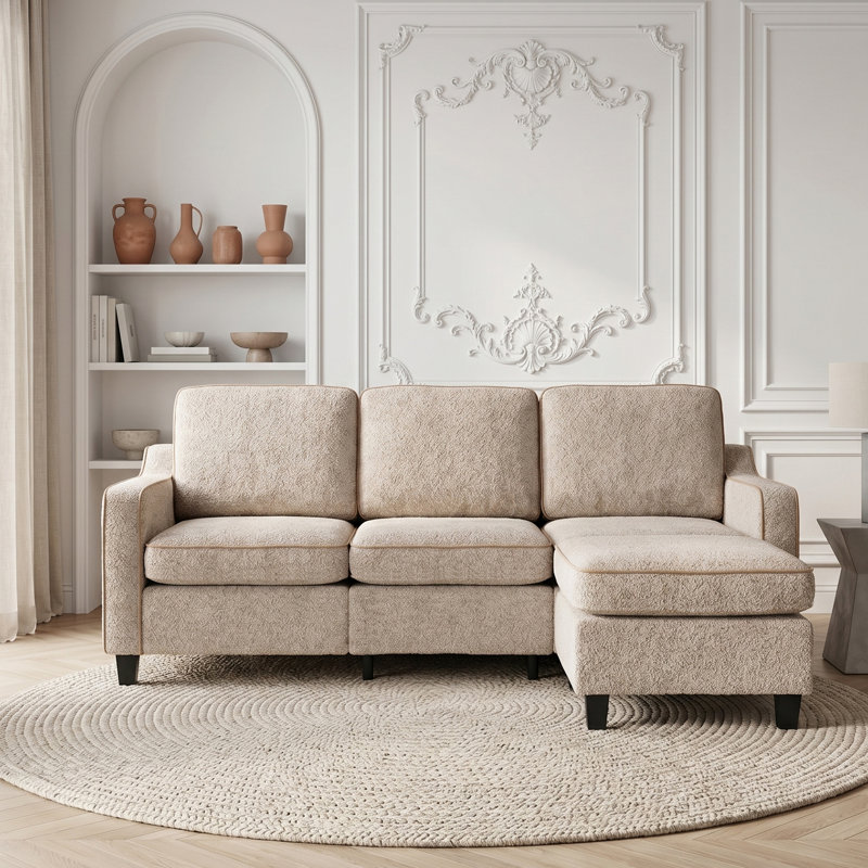 Convertible L-Shaped Sectional Sofa, 196cm 3-Seater Corner Couch with Movable Footstool, Khaki