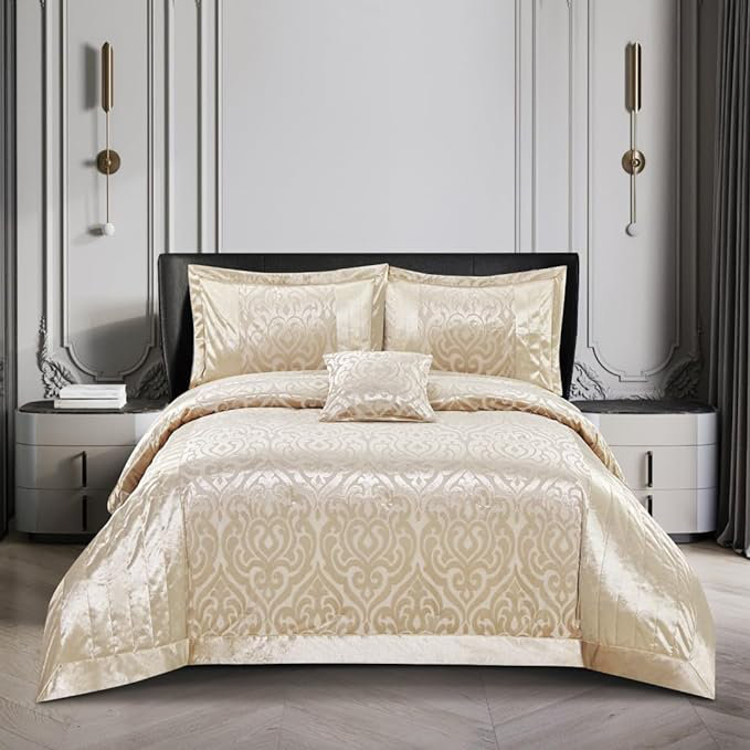 Bollara Damask Bedspread with Pillow Shams Included, Double/King Bedspread  + 2 Pillow Sham, Beige
