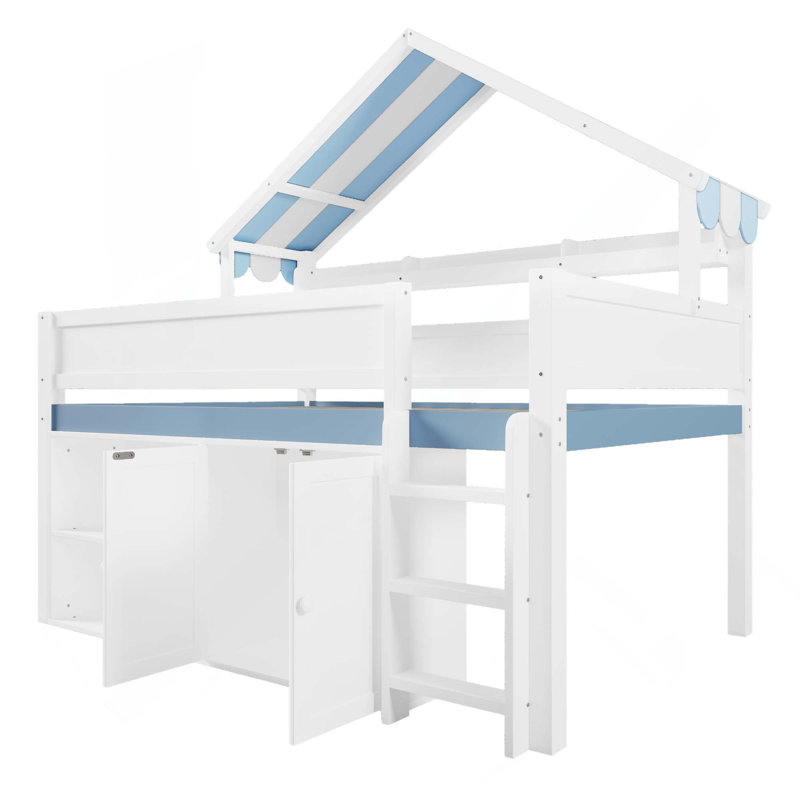 Lit mezzanine avec toit à baldaquin et armoire de rangement, White/Blue