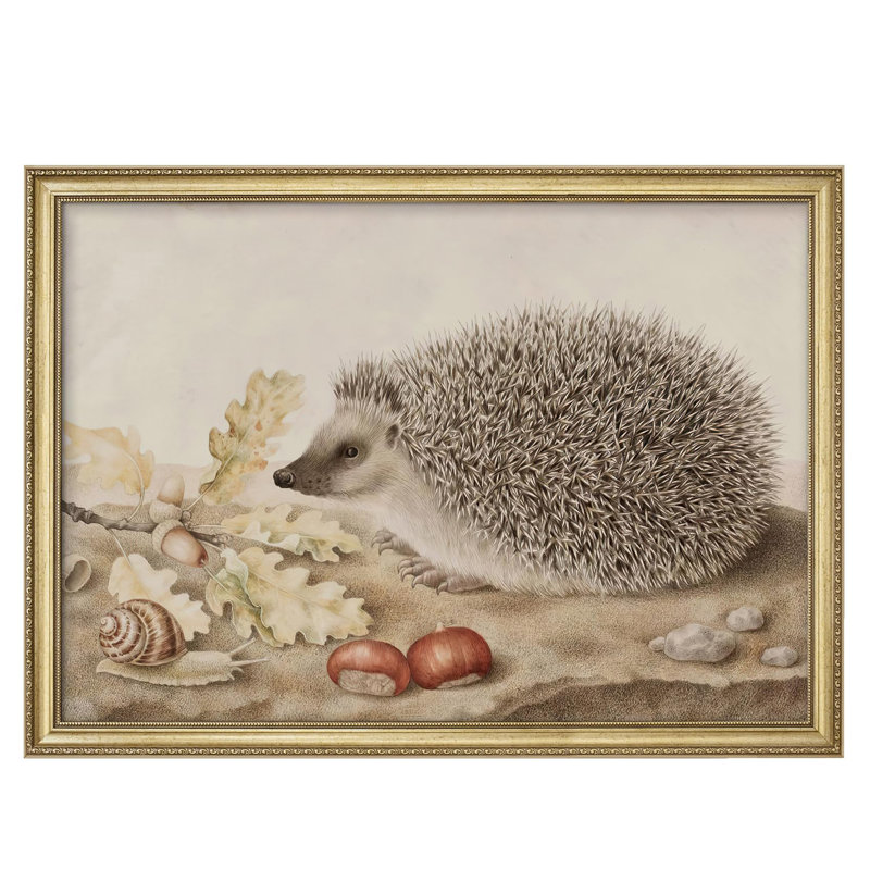 "Charmant hérisson avec des glands, impressionisme, décoration murale encadrée dorée", Non