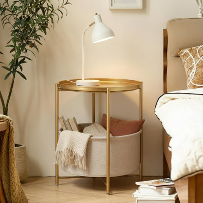 Side Table With Fabric Storage Basket, Metal Round Side Small Bedside Table Nightstand With Removable Tray For Living Room, Bedroom, Outdoor Table For Patio, Nursery, Bathroom