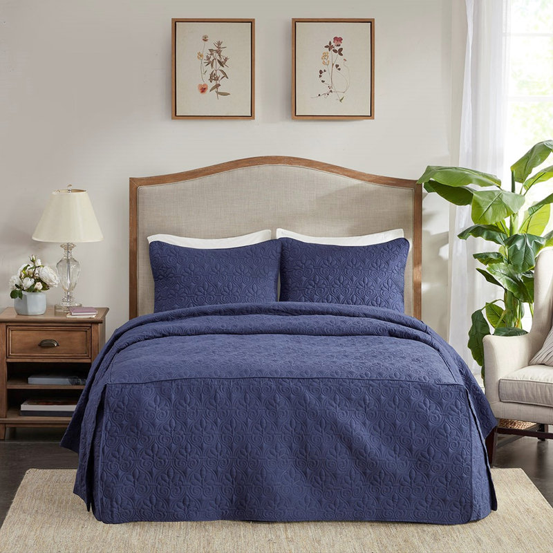 Navy Queen 3 Piece Bedspread - Box Sewing, Fill, Pleated Corners Split Corner Long-lasting, 100% , Easy To Wash