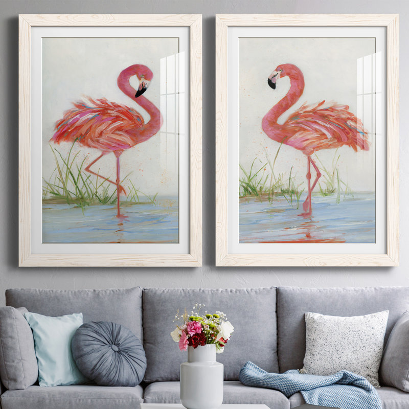 Flamingo I - ensemble de 2 peintures, Papier dans un cadre photo, H 37,5 po x l 55 po, Blanc